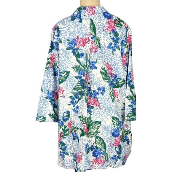 Jssica London +18W Blue-Pink Floral Button Linen Blend Collar 3/4 Sleeve Shirt - Picture 4 of 6